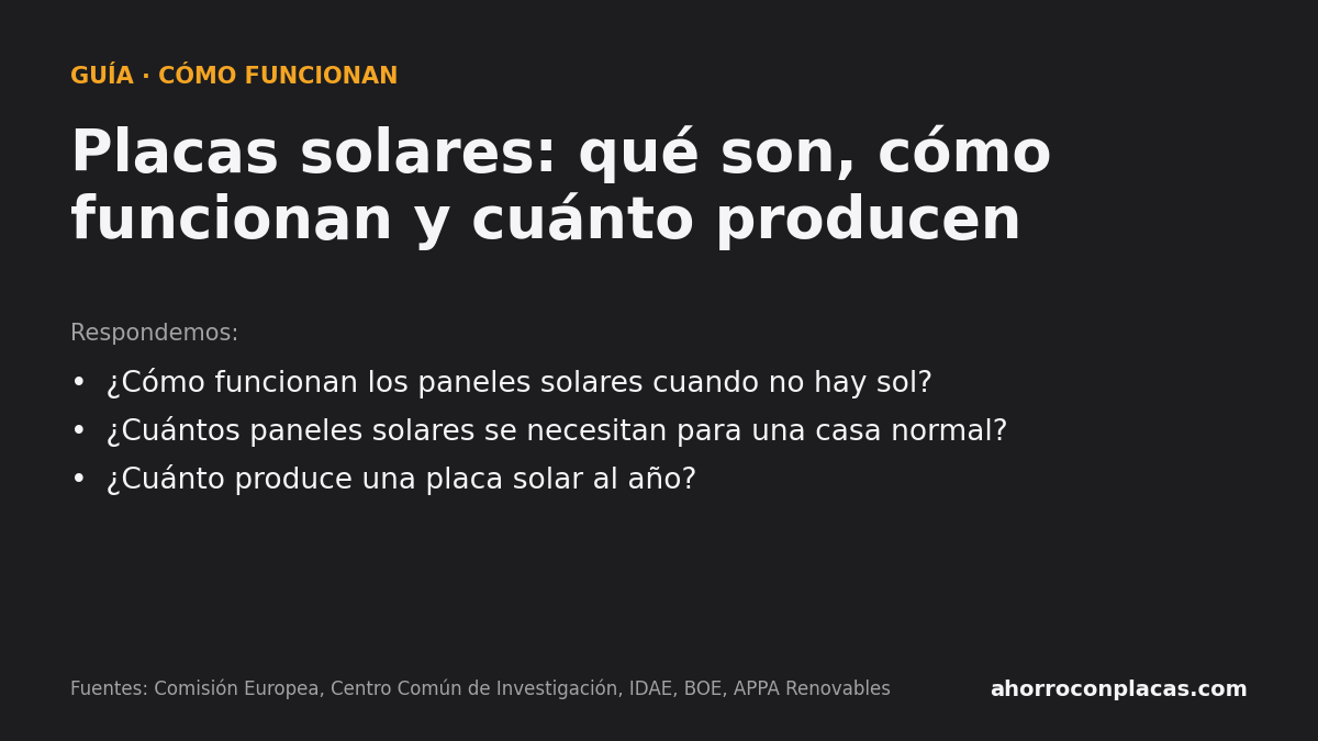 Placas solares: qué son, cómo funcionan y cuánto producen. Preguntas que responde la guía: ¿Cómo funcionan los paneles solares cuando no hay sol? ¿Cuántos paneles solares se necesitan para una casa normal? ¿Cuánto produce una placa solar al año?
