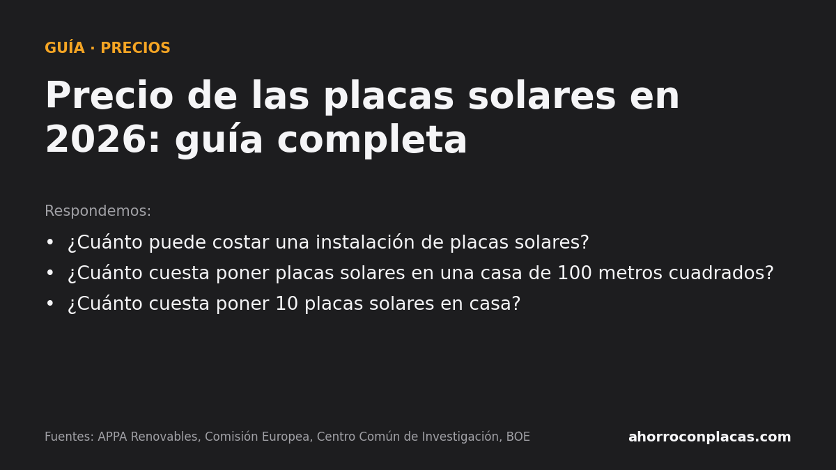 Precio de las placas solares en 2026: guía completa. Preguntas que responde la guía: ¿Cuánto puede costar una instalación de placas solares? ¿Cuánto cuesta poner placas solares en una casa de 100 metros cuadrados? ¿Cuánto cuesta poner 10 placas solar